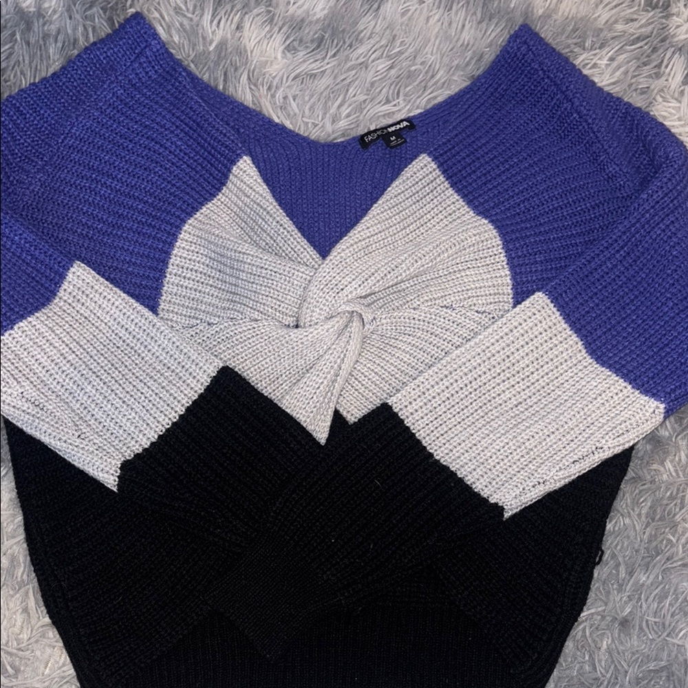 Fashion Nova Off-the-Shoulder Sweater - Blue, Gray, and Black